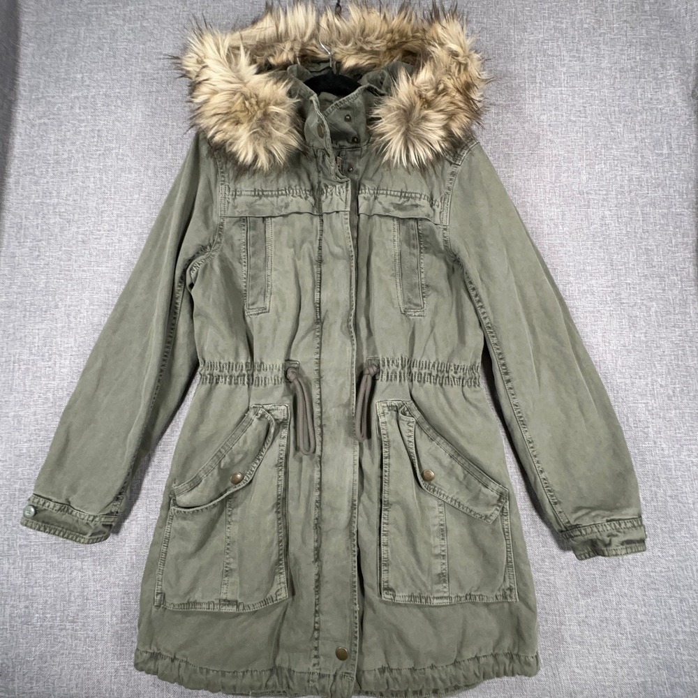 American Eagle Parka Jacket Womens S Green Faux Fur Hood Military Anorak Utility